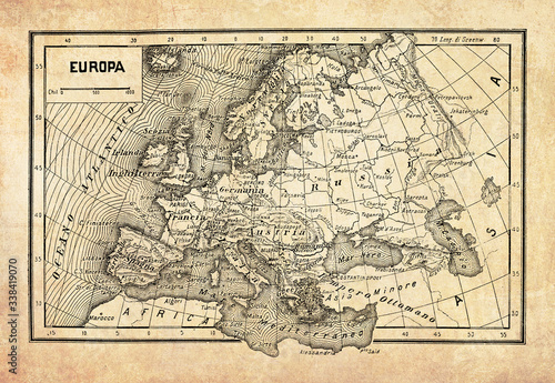 Ancient map of Europe continent and countries bordered by the Arctic Ocean to the north, the Atlantic Ocean and the Mediterranean Sea with geographical Italian names and descriptions.