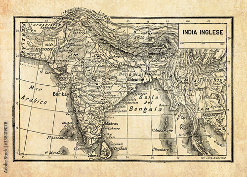 Ancient map of British Empire in India or British Raj on the Indian subcontinent, formed by  India, Pakistan, and Bangladesh with geographical Italian names and descriptions