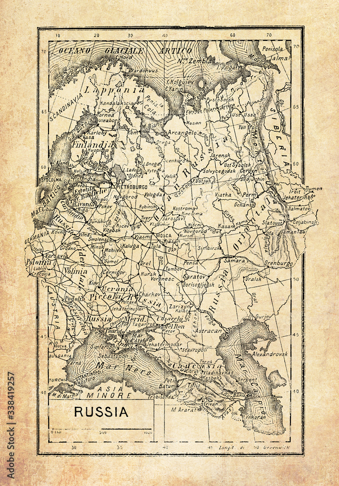 Ancient map of European Russia, western part of the Russian Federation separated geografically by the Ural Mountains with geographical Italian names and descriptions