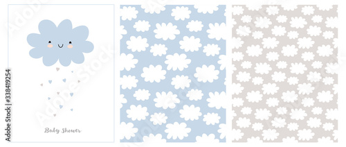 Blue Fluffy Smiling Cloud on a White Background. Simple Baby Boy Party Art. Cute Simple Baby Shower Vector Card and 2 Patterns. Rain of Hearts. Print with White Clouds on a Pastel Blue and Light Gray.