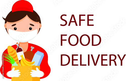Food delivery courier in medical mask and gloves. Concept of contactless or to the door delivery. Coronavirus quarantine shop or store food supplies express fast delivery service.
