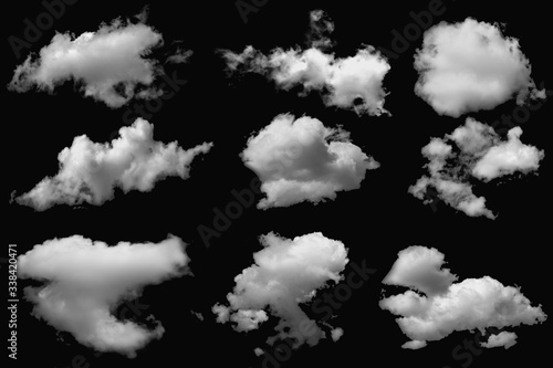 Set of clouds white for design on a isolated black background.