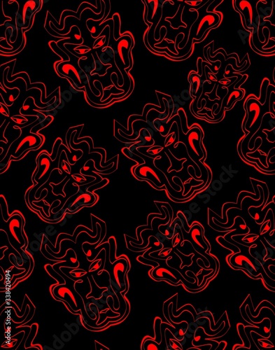 Black background with red devil heads, seamless patterns, abstract motif, textile or wrappaper design, evil face, vector background