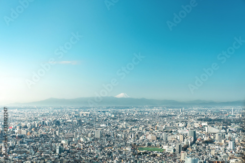 Mountain Fuji with cityscape of Tokyo and skylines. Taken from Tokyo metropolitan government building. Japan travel landmark.