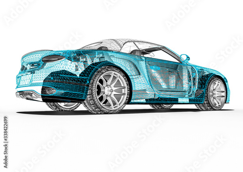 Concept car blueprint – 3D perspective. Machine, print.