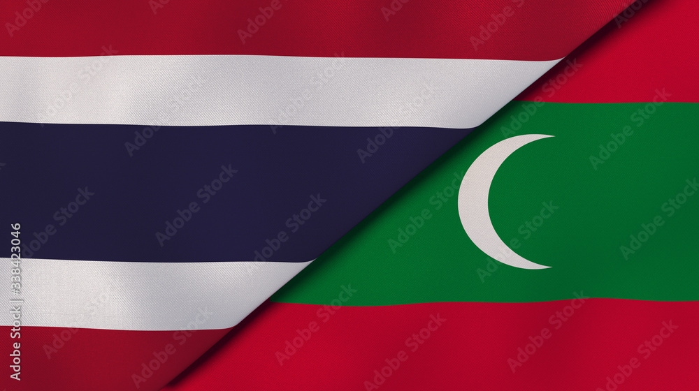The flags of Thailand and Maldives. News, reportage, business background. 3d illustration