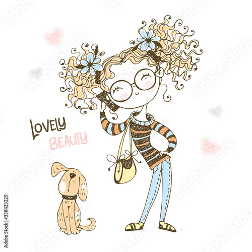 Trendy cute teen girl with curly hair talking on the phone. Vector.