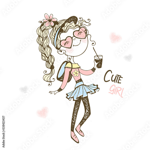 Fashionable cute teen girl with a backpack drinks a cocktail. Vector.