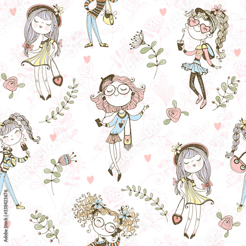Seamless pattern with cute trendy teen girls . Vector.