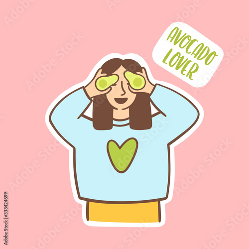 Cute funny young woman with avocado fruit. Text: Avocado lover. Cartoon colorful vector illustrationt for sticker, card, mug, brochures, poster etc. photo