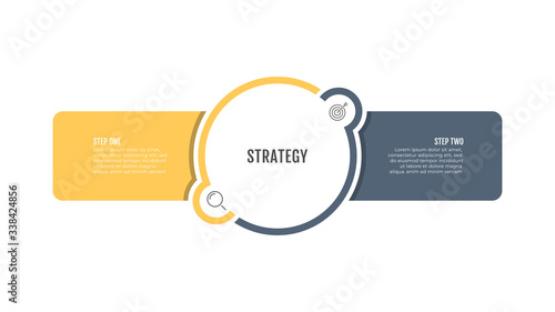 Business Infographic template. Creative layout with circle and marketing icons. Vector with 2 steps, options.