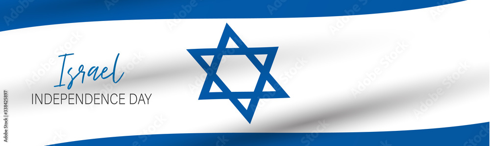 Israel Independence Day banner or site header. National holiday design template. Israeli symbolics background with blue and white flag. Vector illustration. Israel Independence Day banner or site header. National holiday design template. Israeli symbolics background with blue and white flag. Vector illustration.