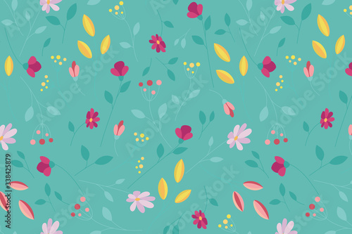 Colored floral pattern on a green background. Summer flowers.