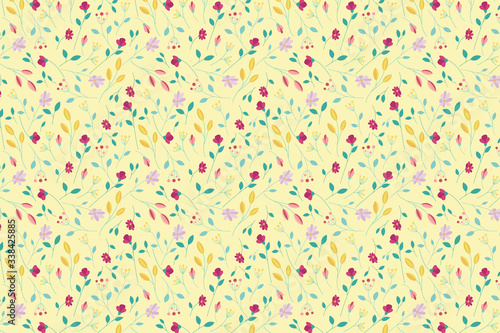 Colored floral pattern on a yellow background. Summer flowers.