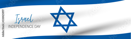 Israel Independence Day banner or site header. National holiday design template. Israeli symbolics background with blue and white flag. Vector illustration.