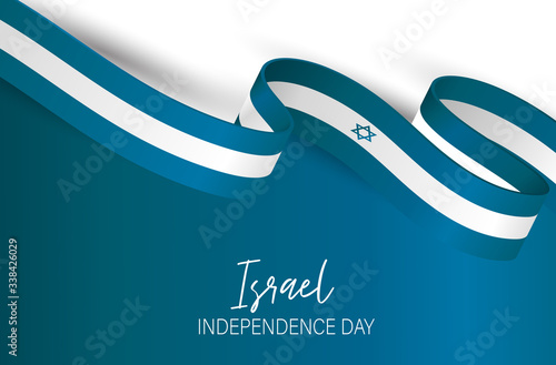 Israel Independence Day. National holiday design template. Israeli symbolics banner or flyer with blue waving flag ribbon. Vector illustration.