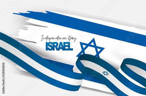 Israel Independence Day. National holiday design template. Israeli symbolics banner or flyer with blue waving flag ribbon. Vector illustration.