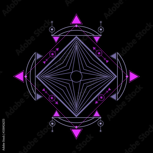 Colorful sacred geometry outline shapes on black background