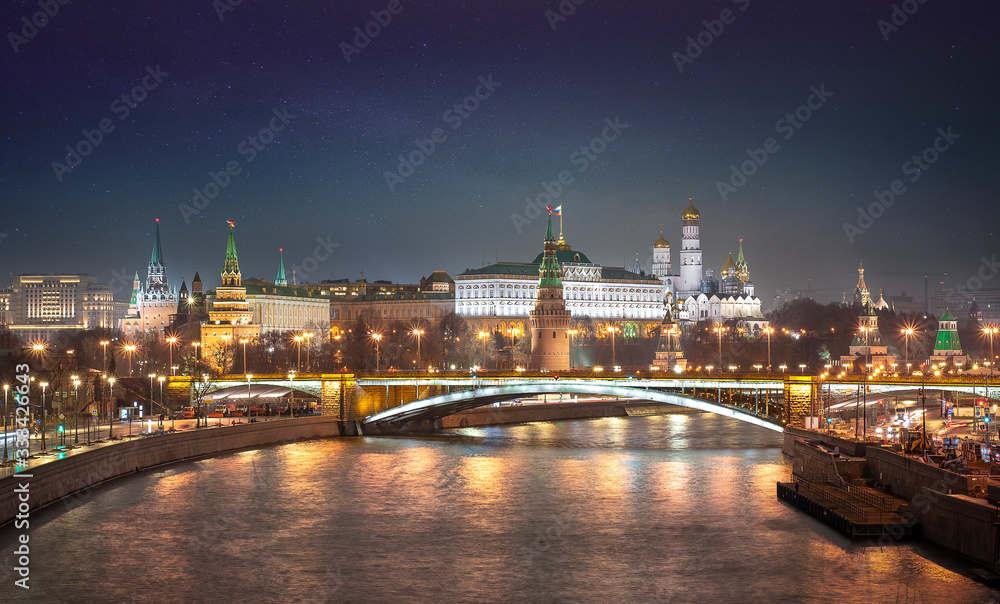 Moscow, Russia. Panoramic view of Moscow Kremlin and Moskva river. Beautiful night view of the russian capital city. Panorama