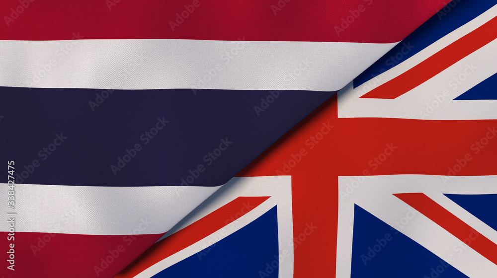 The flags of Thailand and United Kingdom. News, reportage, business background. 3d illustration The flags of Thailand and United Kingdom. News, reportage, business background. 3d illustration