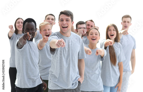 group of confident young men pointing at you