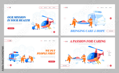 Air Ambulance Service Landing Page Template Set. Medic Characters Carry Stretcher with Injured Man Patient. Emergency Paramedic Doctors, Medical Staff Health Care. Cartoon People Vector Illustration