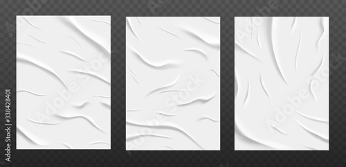 White glued paper texture, wet wrinkled paper sheets set. Posters with crumpled and creased wrinkles isolated on a dark background. Vector illustration. A4 format.