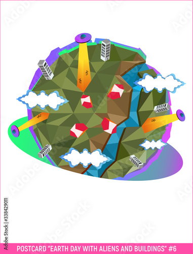 Vector. Earth Day with aliens and buildings just planeta