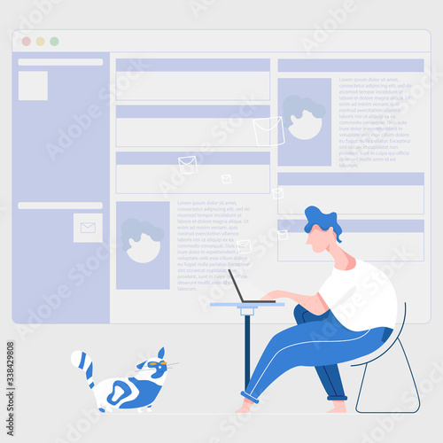 Work at home. Home office. A man working from home on a laptop. Vector illustration in a flat style. Sitting next to a pet - cat.