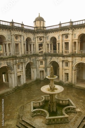 Fountain in courtyard of Convent of the Knights of Christ and the Templar Castle  founded by Gualdim Pais in 1160 AD  is a Unesco World Heritage Site in Tomar  Portugal