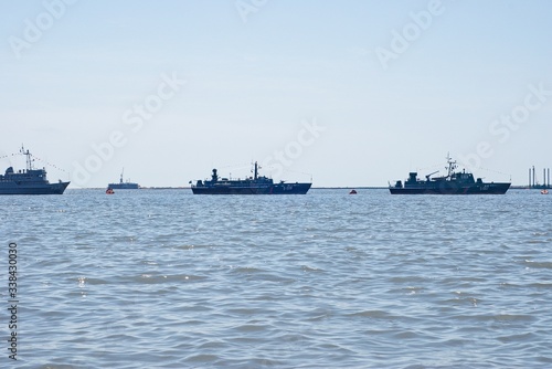 BAKU  AZERBAIJAN - 2011. Day of the border troops of the Republic of Azerbaijan. Ships of the border troops perform parade sailing in the Caspian Sea.