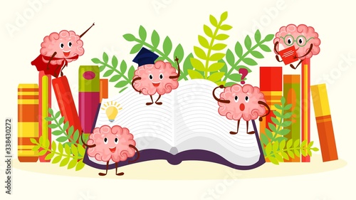 Books and human miling brains funny characters cartoon vector illustration. Education concept. Brain read book. Brains with emotions.