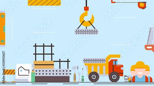 Construction process of building,construction crane transports a concrete block, real estate concept flat vector illustration. At the construction site, crane, excavator, engineers, tools, plan.