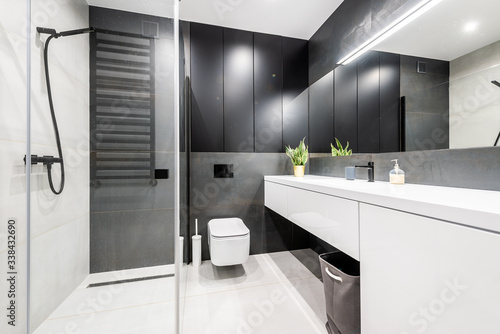 black and white bathroom - interactive mirror in the bathroom 