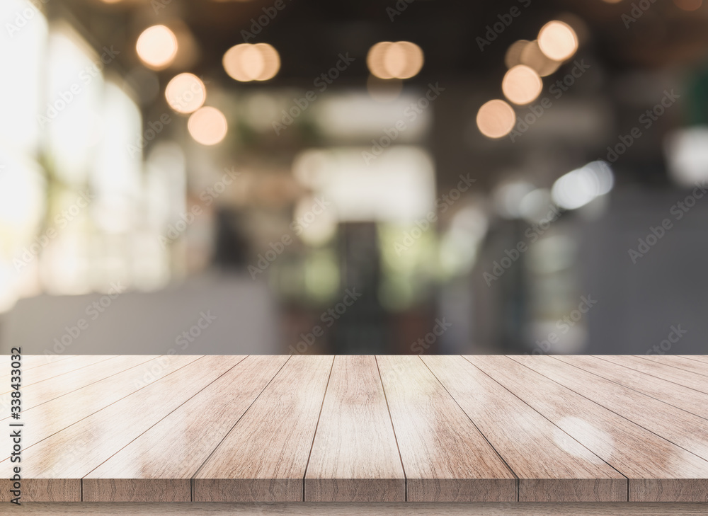 3D Rendering, Wooden top table with bokeh light effect and blur restaurant on background, blur background 3D Rendering, Wooden top table with bokeh light effect and blur restaurant on background, blur background