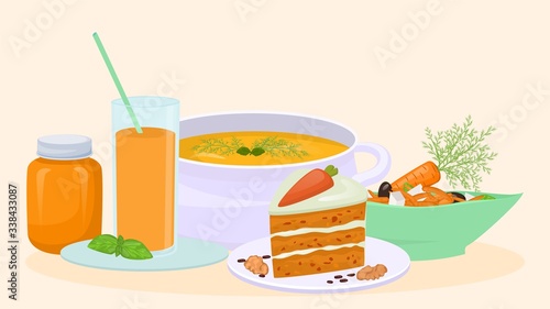 Dishes prepared from carrots, soup, carrot cake, salad and juice vector flat ...