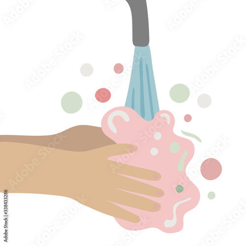 Wash your hands. hands holding soap in hand under water tap. Arm in foam soap bubbles. Vector illustration flat cartoon design isolated on background. Personal hygiene.