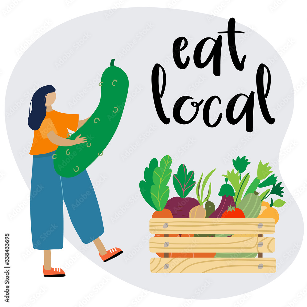 Fototapeta premium Woman is carrying cucumber. Hand drawn flat cartoon vector illustration isolated on white background. Eat local concept.