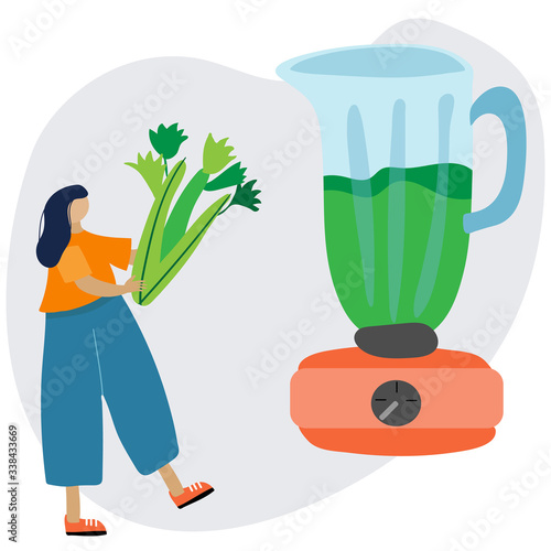 Woman is carrying celery for making detox drink in blender. Hand drawn flat cartoon vector illustration isolated on white background. Healthy lifestyle nutrition concept.