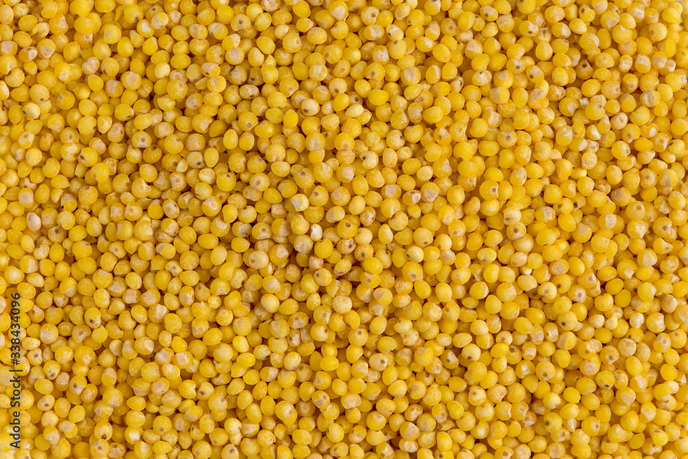 Top view close up macro on yellow uncooked millet groats, horizontal format