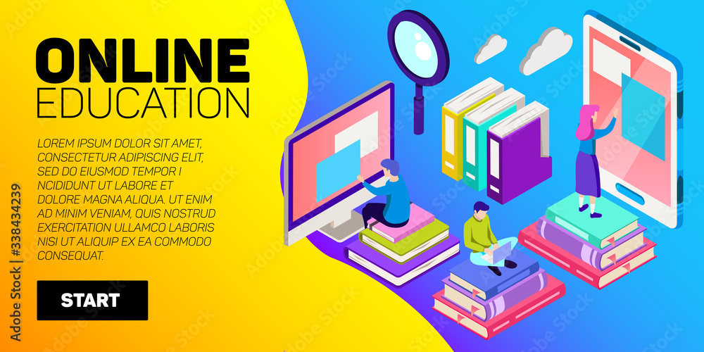 Isometric online education vector banner. E-learning. Imagination ad creativity. Isometric online education vector banner. E-learning. Imagination ad creativity.