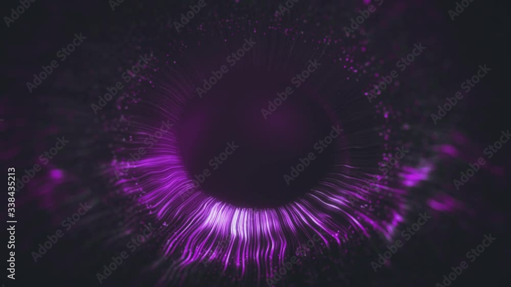 Purple colored lines after a blast scattering out of a bright circle and forming volumetric human blue eye model. Human iris of the eye concept. 3d rendering animated abstract background in 4K. Purple colored lines after a blast scattering out of a bright circle and forming volumetric human blue eye model. Human iris of the eye concept. 3d rendering animated abstract background in 4K.