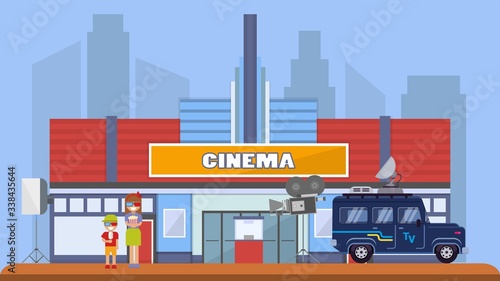Cinema building in city background  street shooting TV show  flat vector illustration. Television show car  tv camera  viewer stay near film screening  design advertisement movie place.