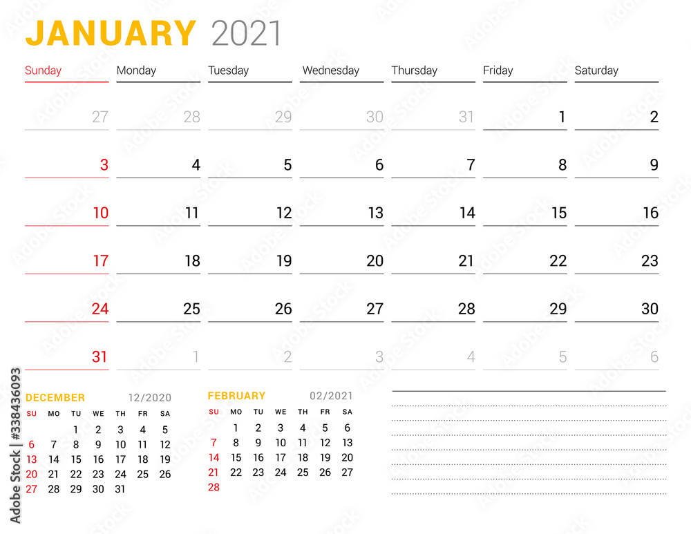 Calendar template for January 2021. Business monthly planner. Stationery design. Week starts on Sunday. Vector illustration Calendar template for January 2021. Business monthly planner. Stationery design. Week starts on Sunday. Vector illustration
