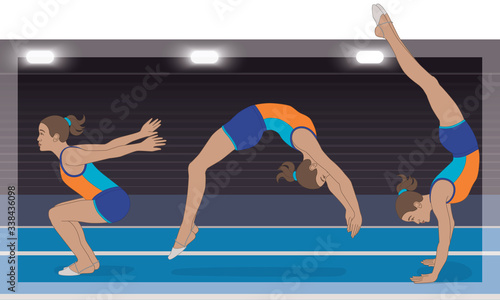 gymnastics tumbling, female tumbler in three poses of a back flip on a tumbling track against a dark background with spotlights