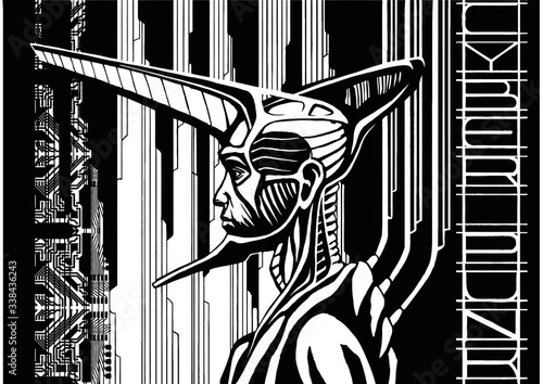Biomechanical human, cyborg, robot, droid, with wires running from above and connected to its back, with unusual helmet with horn and crest on the head, and big long chin, in the style of cyberpunk.