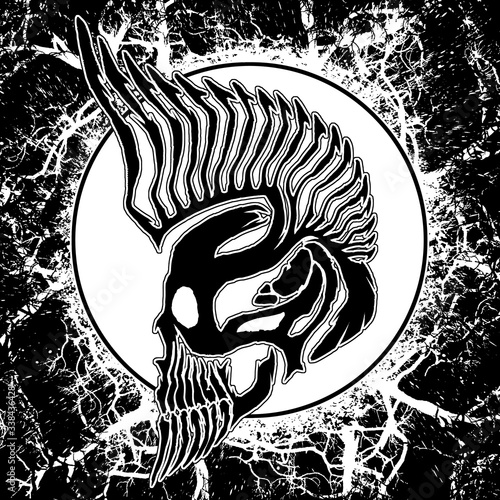 Black skull in the dark, gothic style with sharp beard and big iroquois or crest on the head, with pattern, on white circle with white texture and splashes in the background in profile, abstract, logo