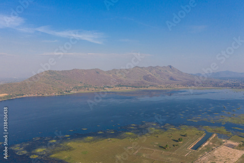 Mountain landscape, lake and mountain range, large panorama, Cambodia