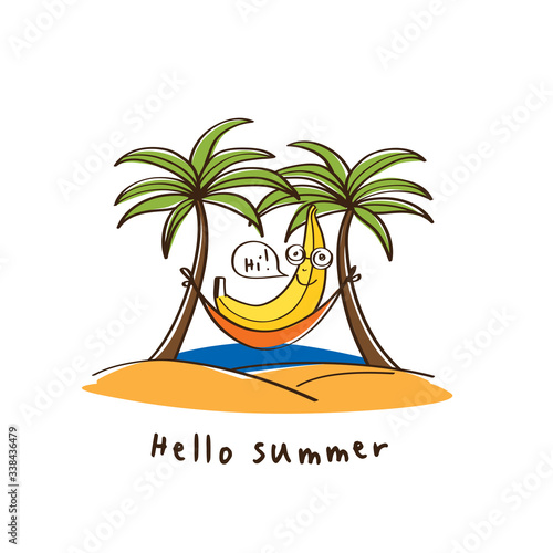 Hello summer. Cute banana in a hammock on beach under two palm tree. Vector.