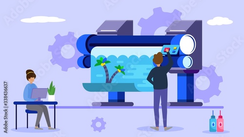 Printing industry, tiny character work in creative business office, flat vector illustration. Male, female standing printing machine and ink, gear background. Design for typographic plotter.